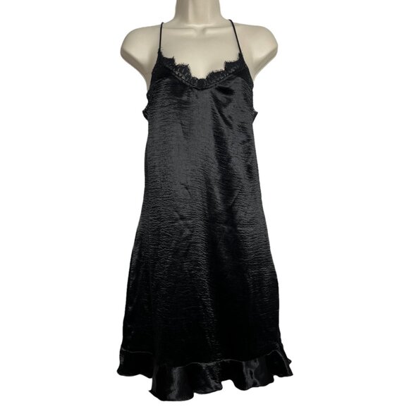 English Factory Mini Cami Dress Black Satin Lace Trim Spaghetti Strap Size M - Picture 1 of 16